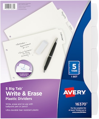 Avery Big Tab Write & Erase Plastic Dividers, 5 Tabs, White (16370)