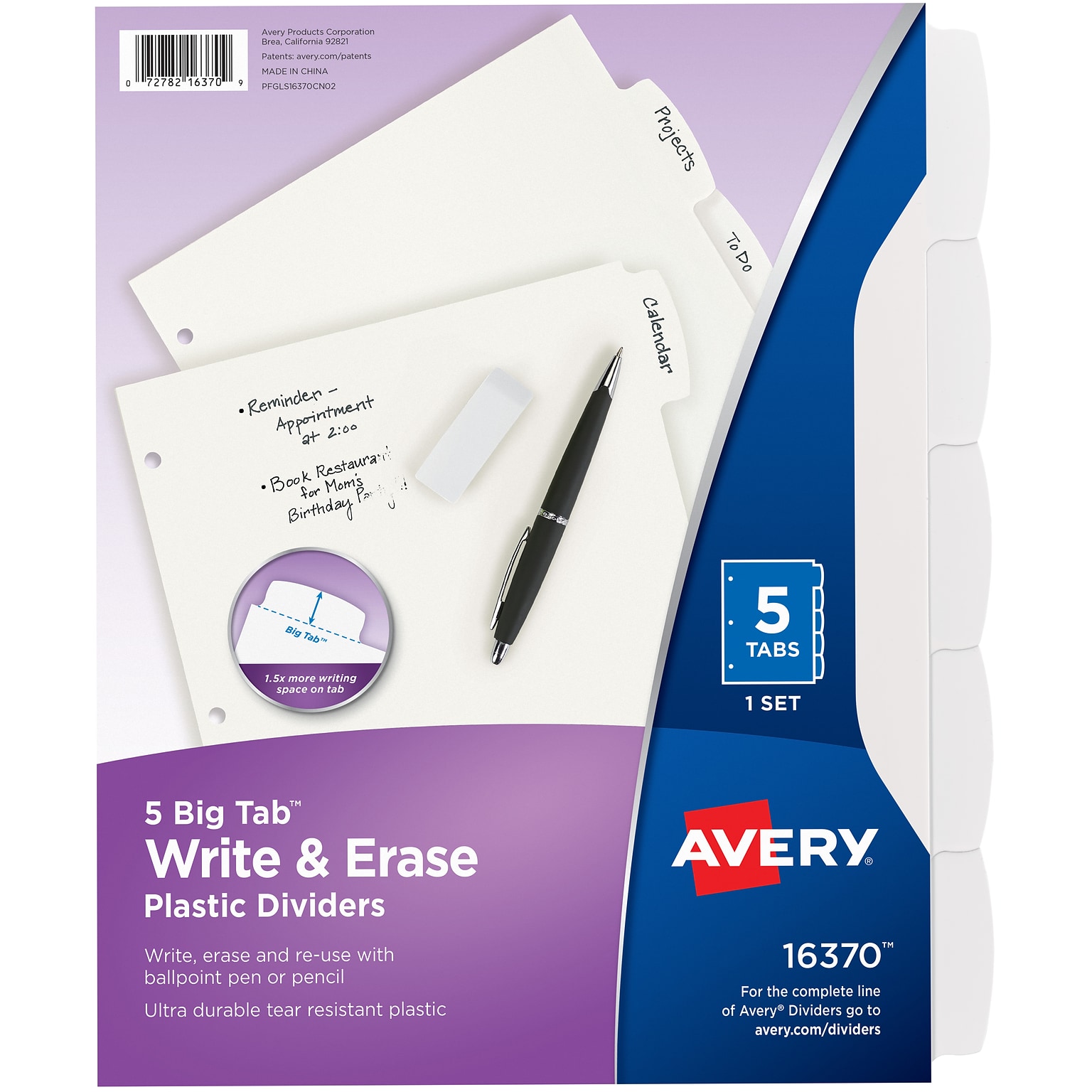 Avery Big Tab Write & Erase Plastic Dividers, 5 Tabs, White (16370)