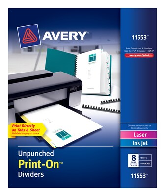 Avery Print-On Unpunched Paper Dividers, 8 Tabs, White, 5 Sets/Pack (11553)