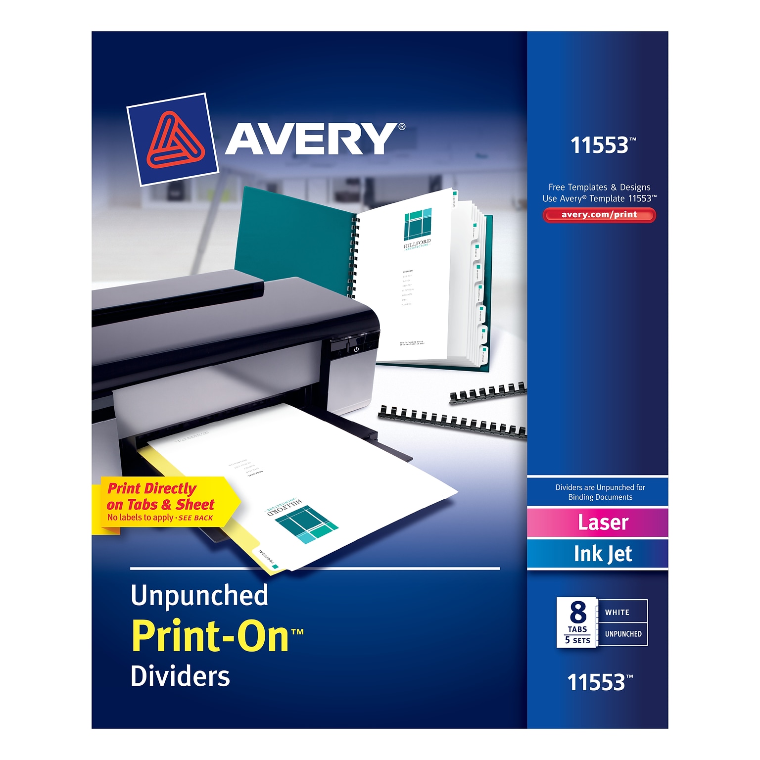Avery Print-On Unpunched Paper Dividers, 8 Tabs, White, 5 Sets/Pack (11553)
