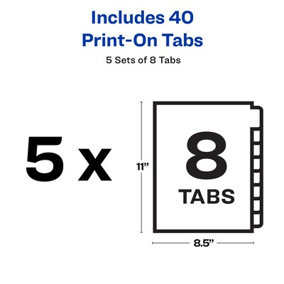 Avery Print-On Unpunched Paper Dividers, 8 Tabs, White, 5 Sets/Pack (11553)