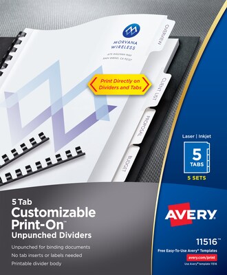 Avery Print-On Unpunched Paper Dividers, 5 Tabs, White, 5 Sets/Pack (11516)