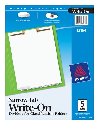Avery Write-On Blank Dividers for Classification Folders, 5-Tab, White, Set (13164)