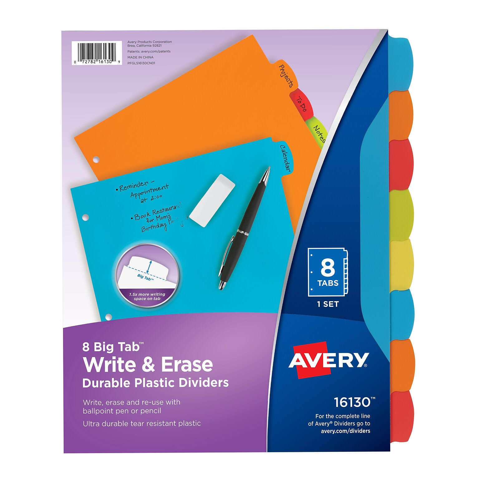 Avery Big Tab Write & Erase Plastic Dividers, 8 Tabs, Bright Multicolor (16130)