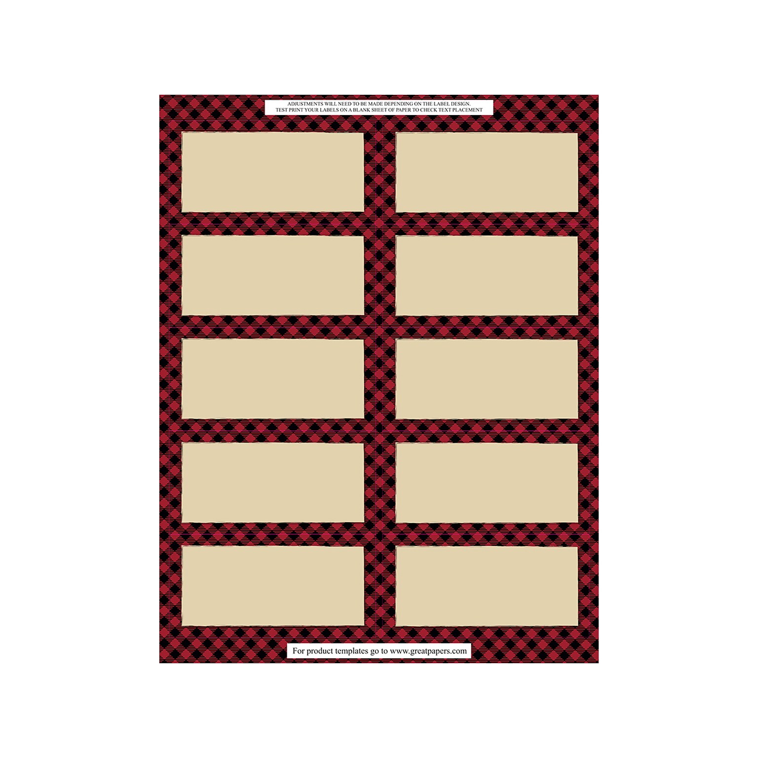 Great Papers Buffalo Plaid Laser/Inkjet Shipping Labels, 2 x 4, Multicolor, 10 Labels/Sheet, 5 Sheets/Pack (2019112)