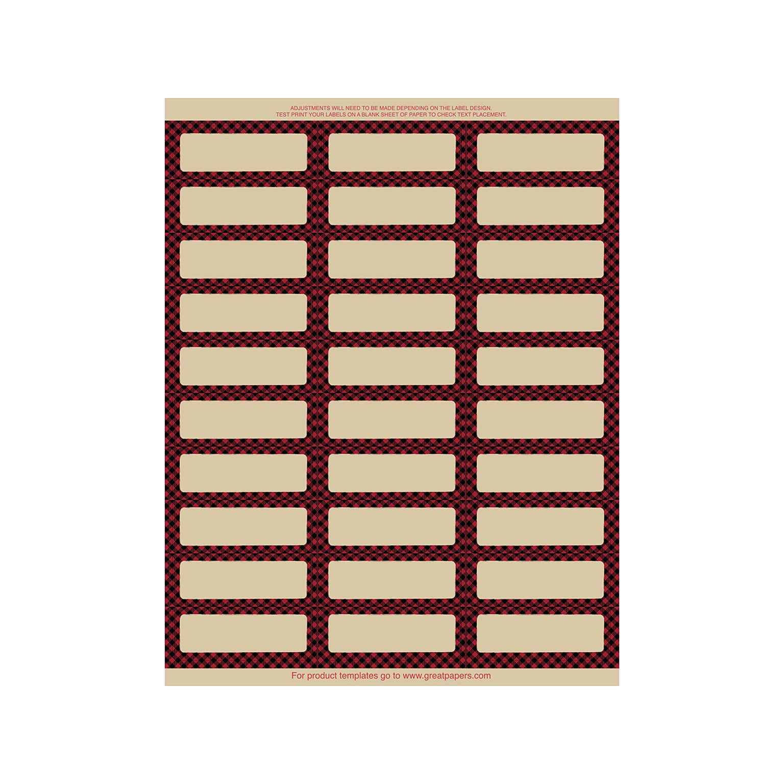 Great Papers Buffalo Plaid Laser/Inkjet Address Label, 1 x 2.63, Multicolor, 30 Labels/Sheet, 5 Sheets/Pack (2019123)