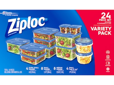 Ziploc Variety Pack Containers with Lids, Assorted Sizes, 24 Pieces/Pack (308674)