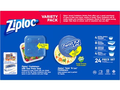 Ziploc Variety Pack Containers with Lids, Assorted Sizes, 24 Pieces/Pack (308674)