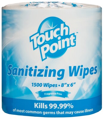 TouchPoint Premium Sanitizing Wipes, Fragrance-Free, 1500 Wipes per Roll, 2 Rolls per Case (WS1500FF