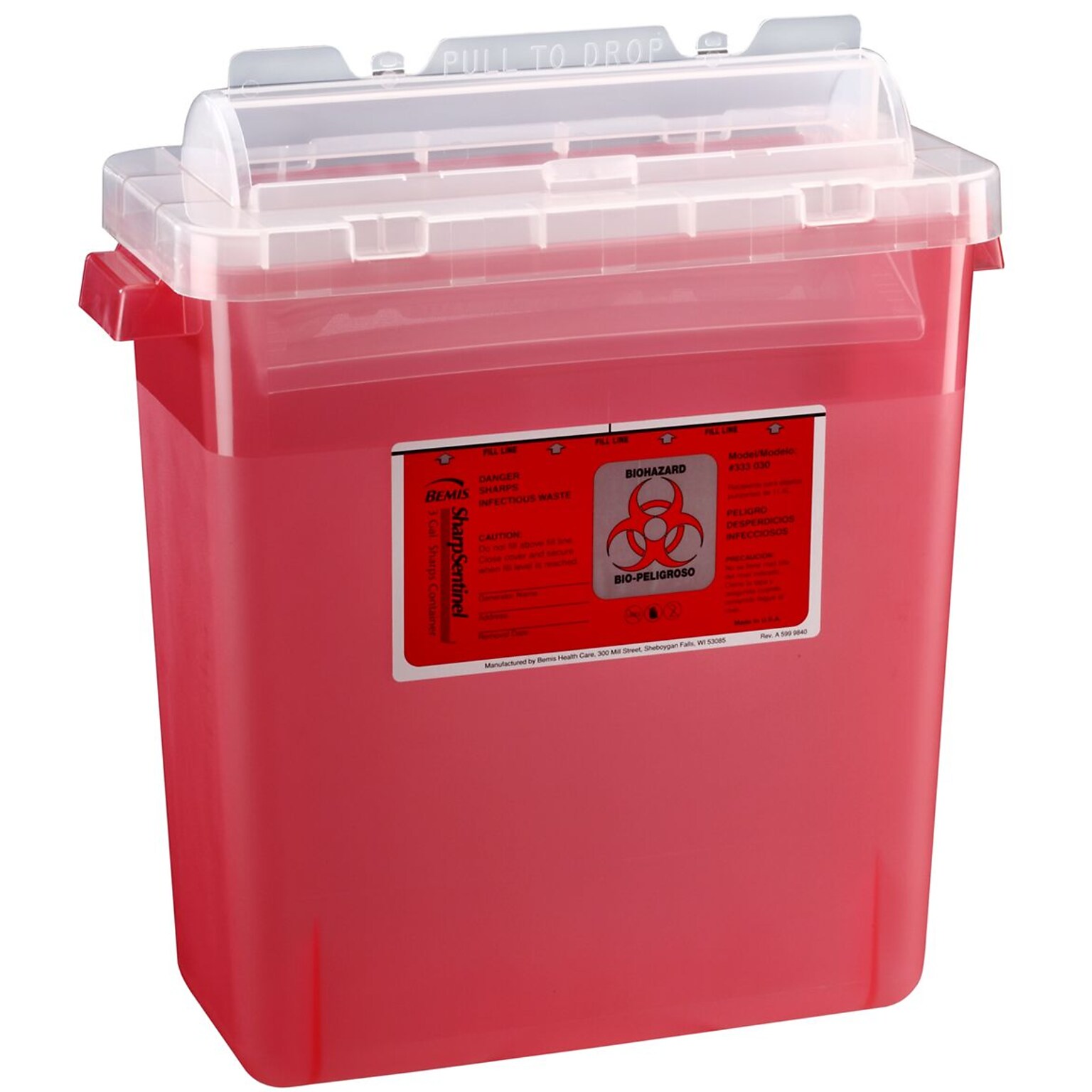 Bemis Sharps Container, 3 Gallon, Red, 12/Pack (333030-12)
