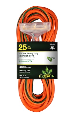 GoGreen Power 25 Indoor/Outdoor Extension Cord, 3-Outlet, 12 AWG, Orange (GG-15225)