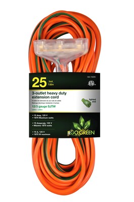 GoGreen Power 25 Indoor/Outdoor Extension Cord, 3-Outlet, 12 AWG, Orange (GG-15225)