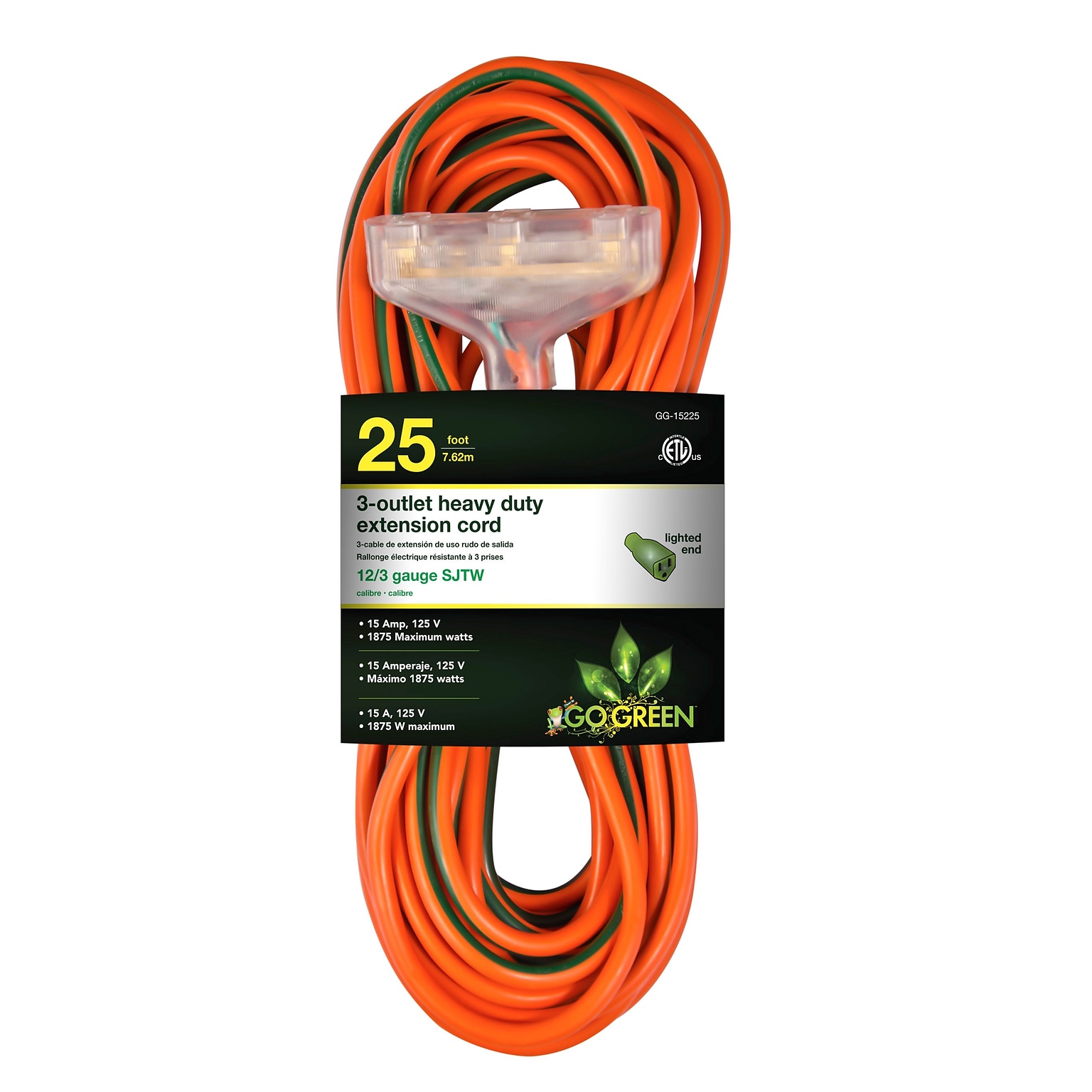 GoGreen Power 12/3 25 3-Outlet Heavy Duty Extension Cord, Lighted End - Orange, GG-15225