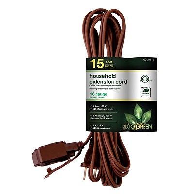 GoGreen Power 16/2 15 Household Extension Cord, Brown, 3/Pack (GG-24815)