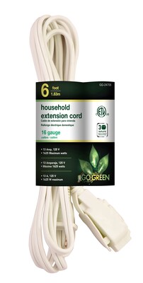 GoGreen Power 6 Extension Cord, 3-Outlet, 16 AWG, White (GG-24706-10)