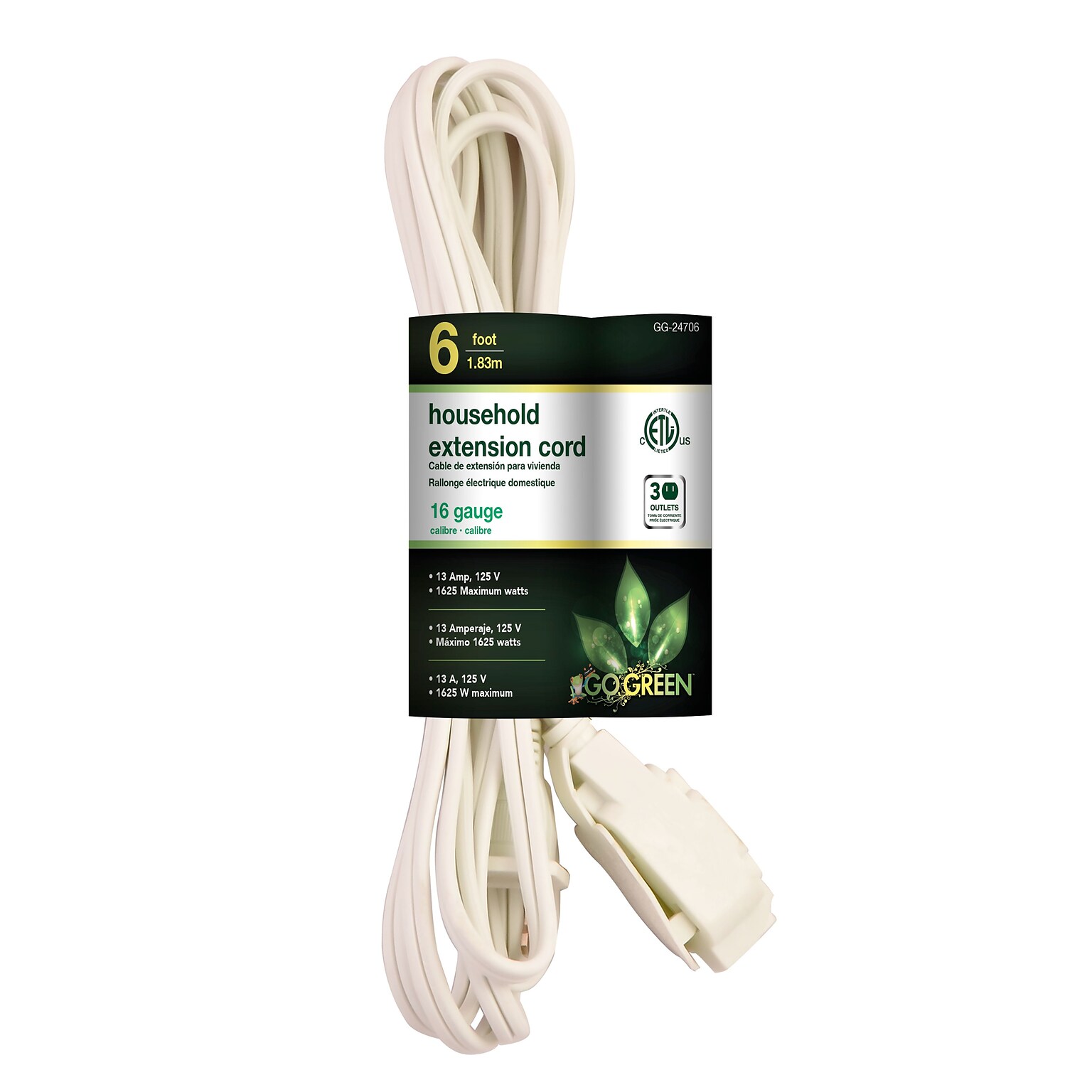 GoGreen Power 6 Extension Cord, 3-Outlet, 16 AWG, White (GG-24706-10)