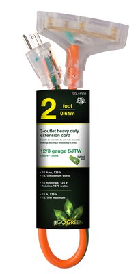GoGreen Power 12/3 2 3-Outlet Heavy Duty Extension Cord - Lighted End, Orange - GG-15302