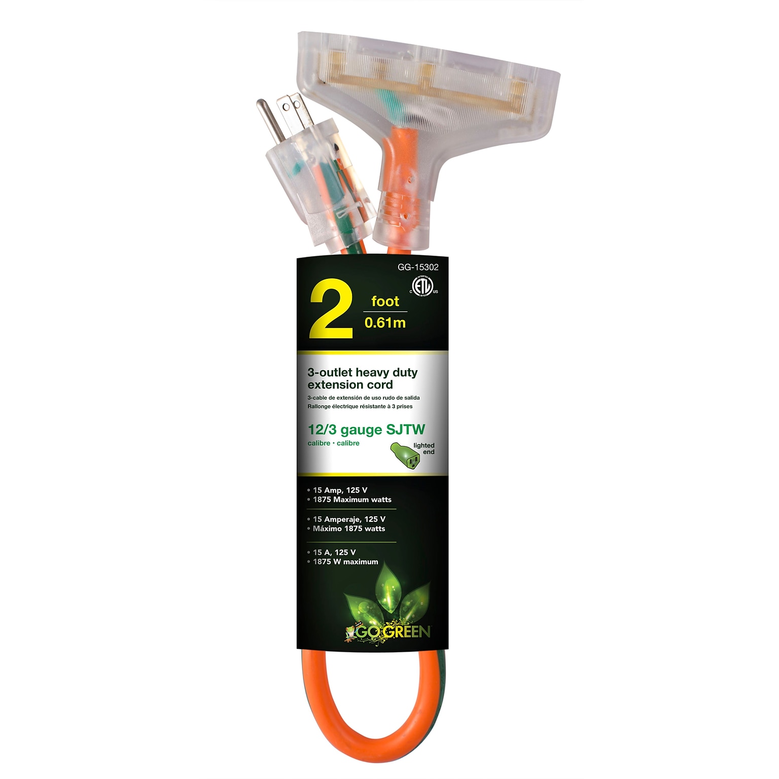 GoGreen Power 2 Indoor/Outdoor Extension Cord, 3-Outlet, 12 AWG, Orange (GG-15302)