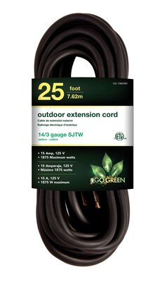 Go Green Power 25 Indoor/Outdoor Extension Cord, 14 AWG, Black (GG-13825BK)