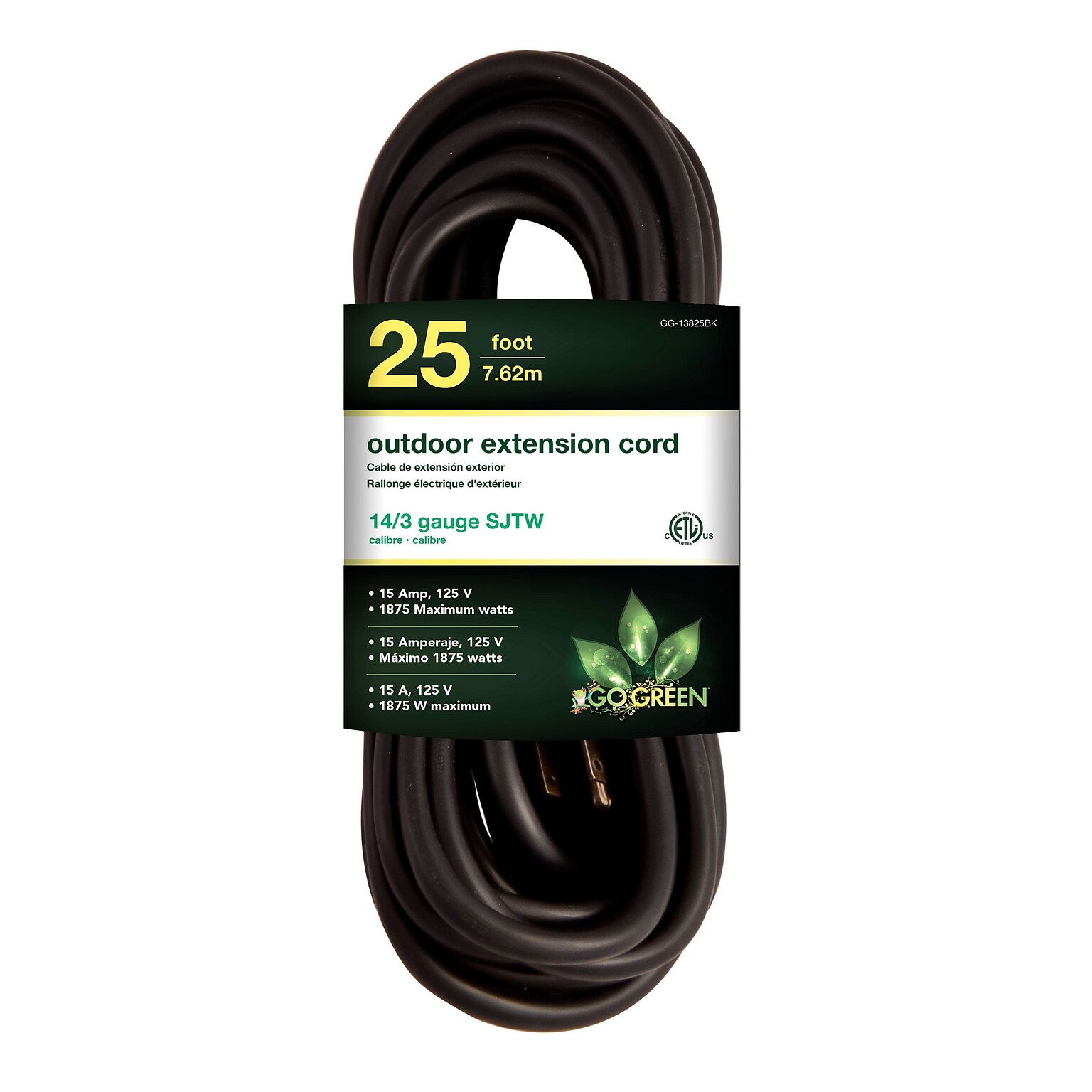 Go Green Power 25 Indoor/Outdoor Extension Cord, 14 AWG, Black (GG-13825BK)