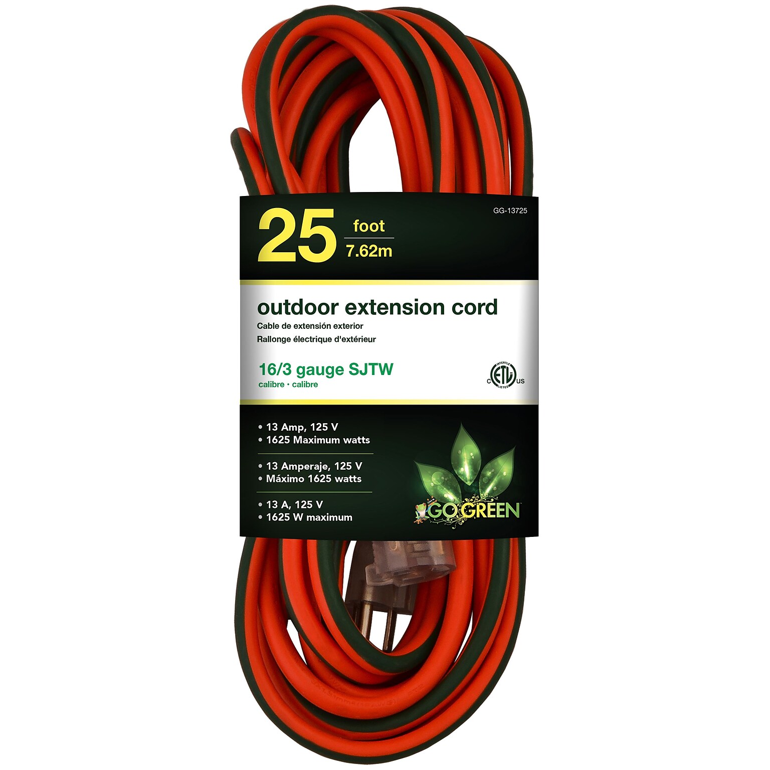 GoGreen Power 25 Indoor/Outdoor Extension Cord, 16 AWG, Orange (GG-13725)