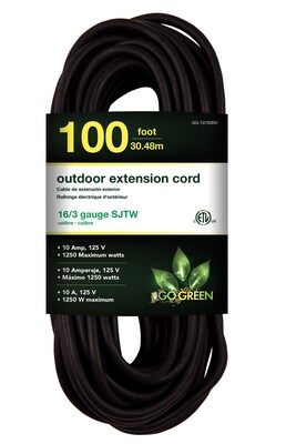 Go Green Power 100 Indoor/Outdoor Extension Cord, 16 AWG, Black (GG-13700BK)