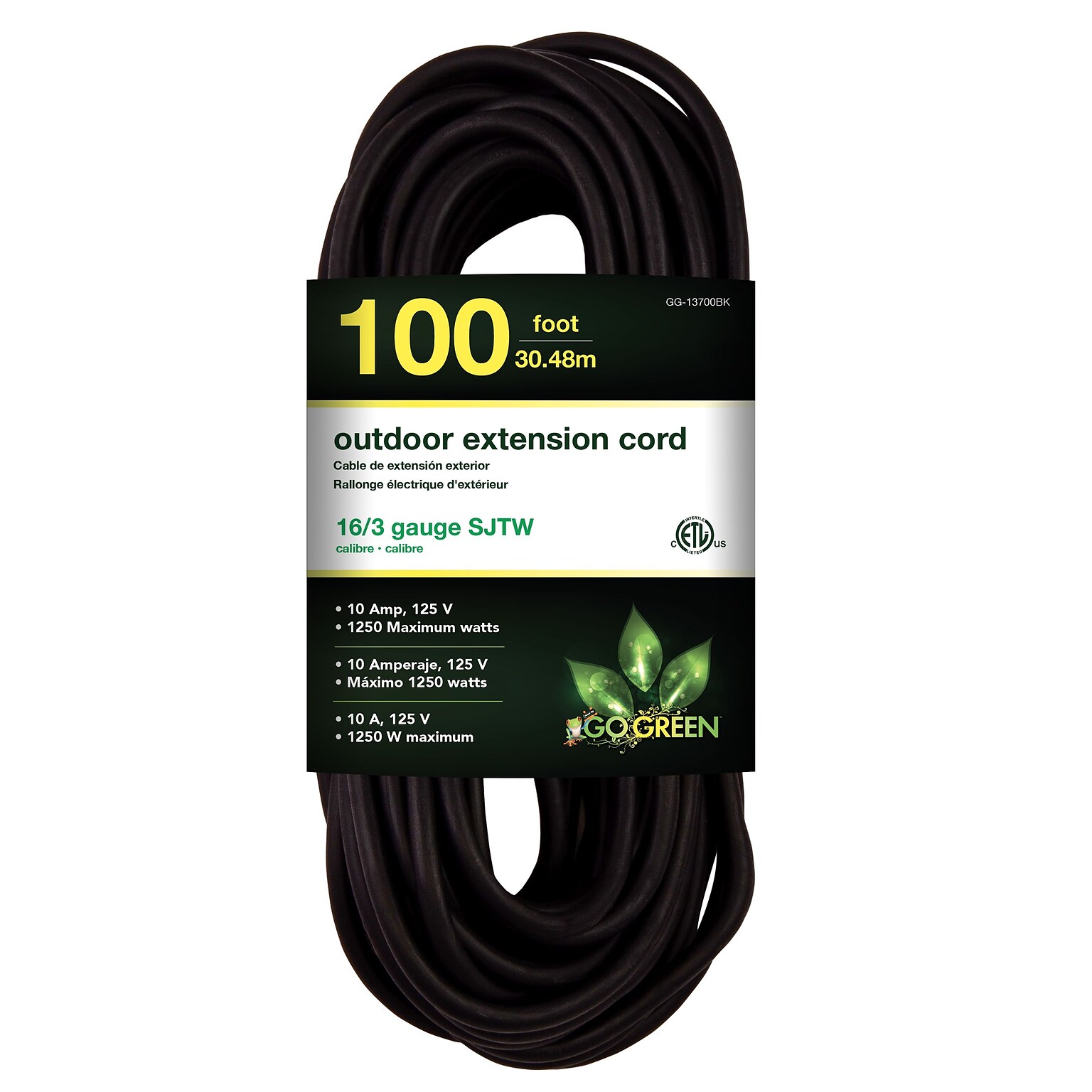 Go Green Power 100 Indoor/Outdoor Extension Cord, 16 AWG, Black (GG-13700BK)