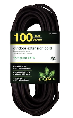 Go Green Power 100 Indoor/Outdoor Extension Cord, 14 AWG, Black (GG-13800BK)