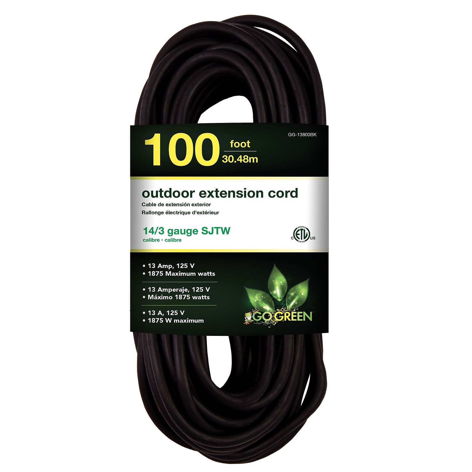 GoGreen Power 100 Indoor/Outdoor Extension Cord, 14 AWG, Black (GG-13800BK)