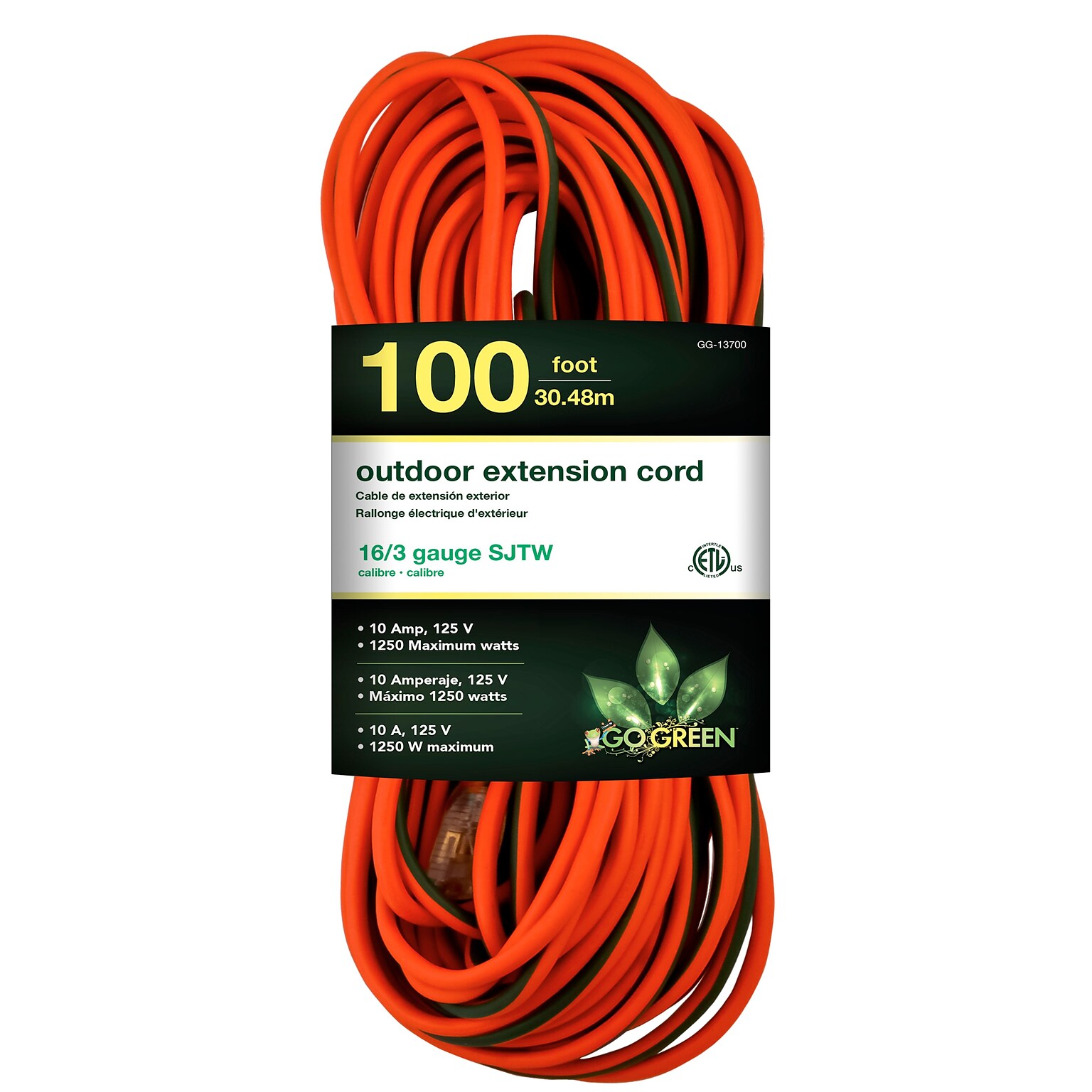 GoGreen Power 16/3 100 Heavy Duty Extension Cord - Lighted End, Orange - GG-13700