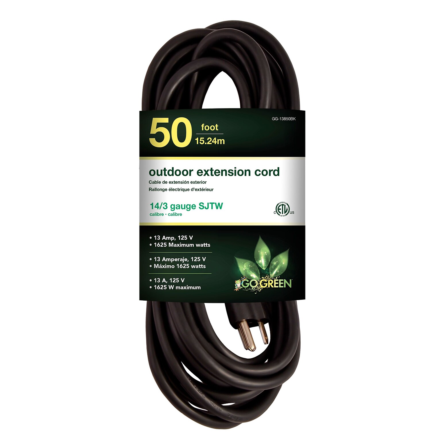 GoGreen Power 50 Indoor/Outdoor Extension Cord, 14 AWG, Black (GG-13850BK)