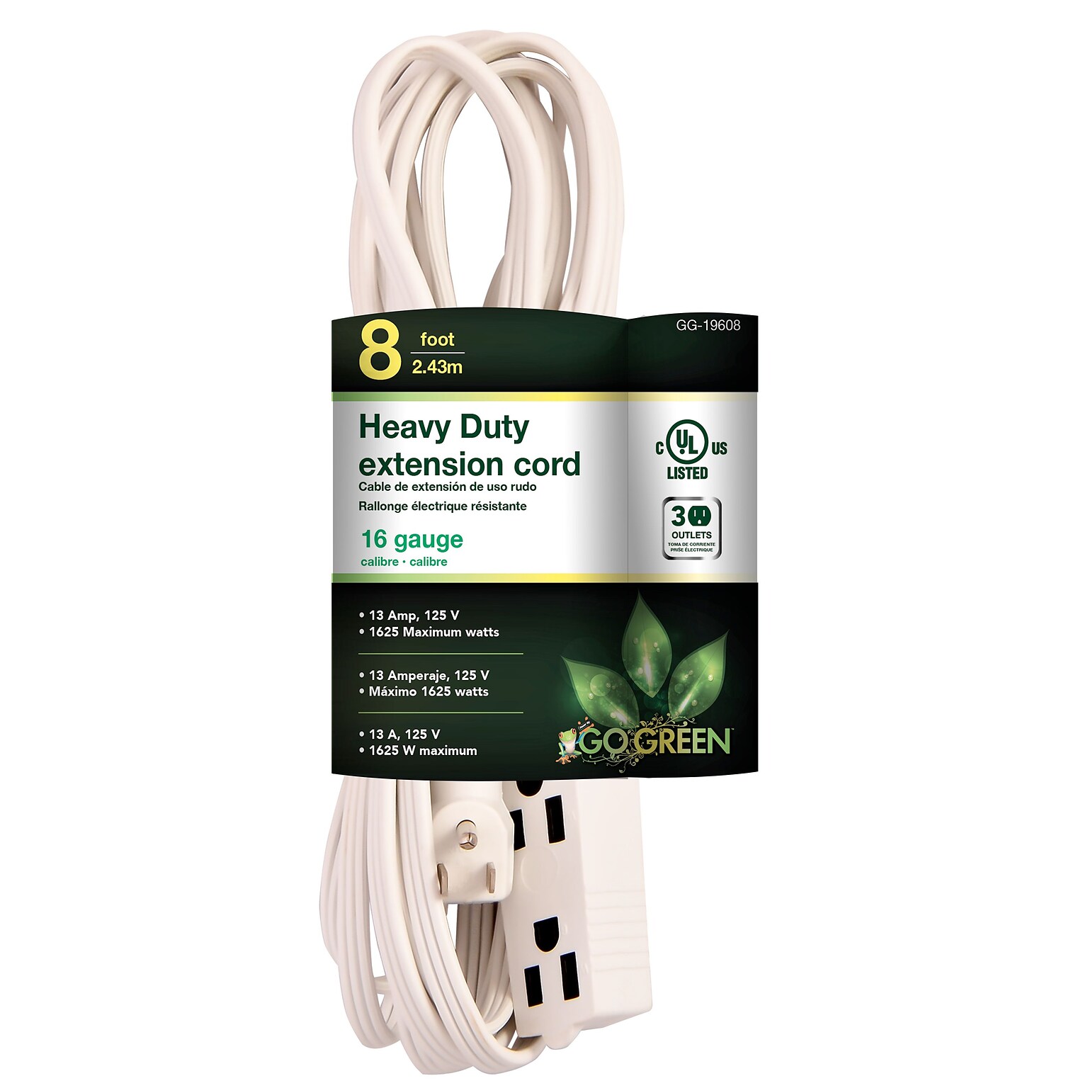 GoGreen Power 8 Extension Cord, 3-Outlet, 16 AWG, White (GG-19608)