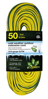 GoGreen Power 14/3 50 Heavy Duty Cold Weather Extension - Lighted End, Yellow - GG-17850