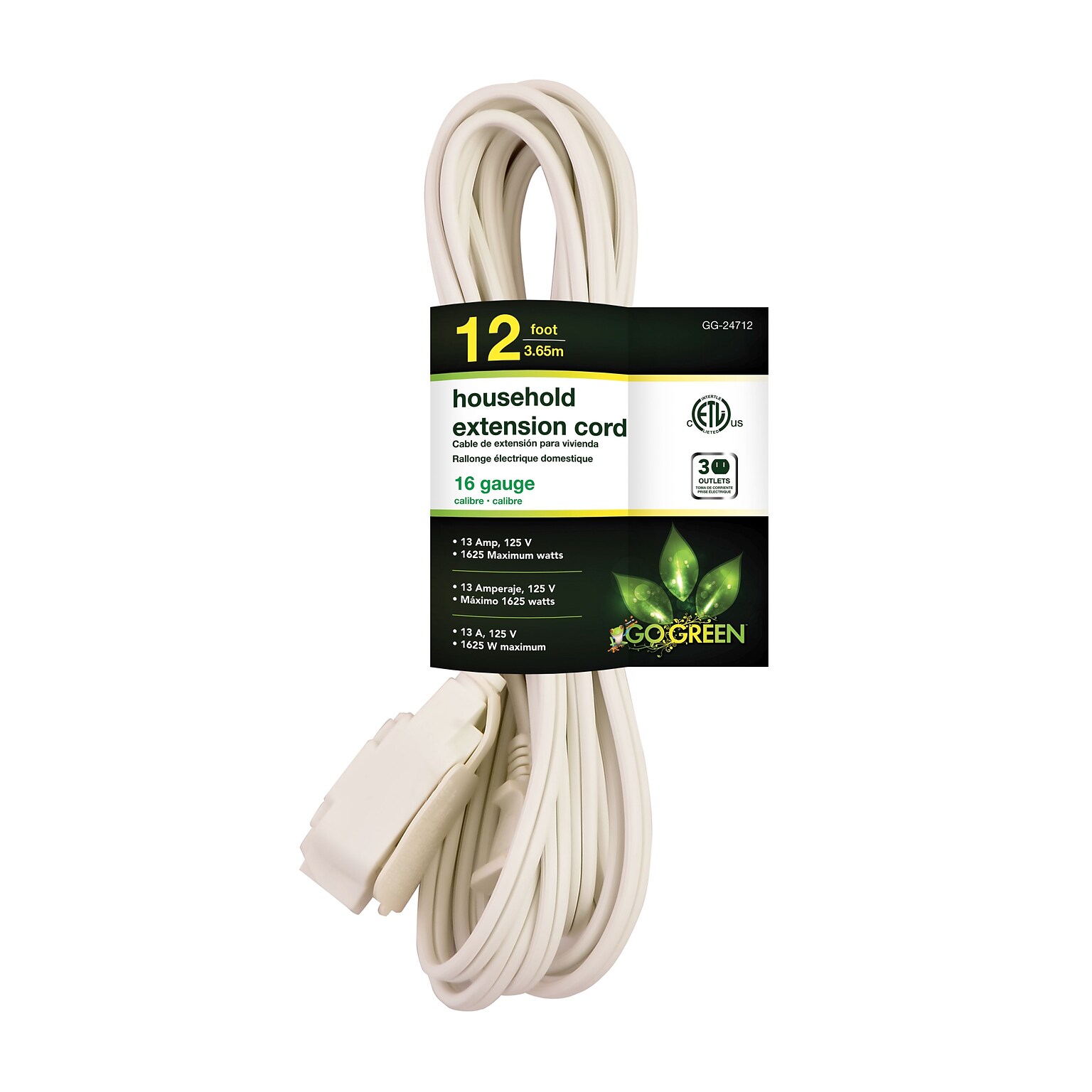 GoGreen Power 12 Extension Cord, 3-Outlet, 16 AWG, White (GG-24712-3)