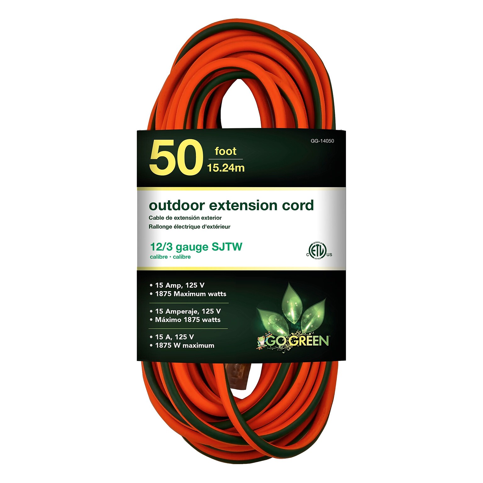 GoGreen Power 12/3 50 Heavy Duty Extension Cord, Lighted End - Orange, GG-14050