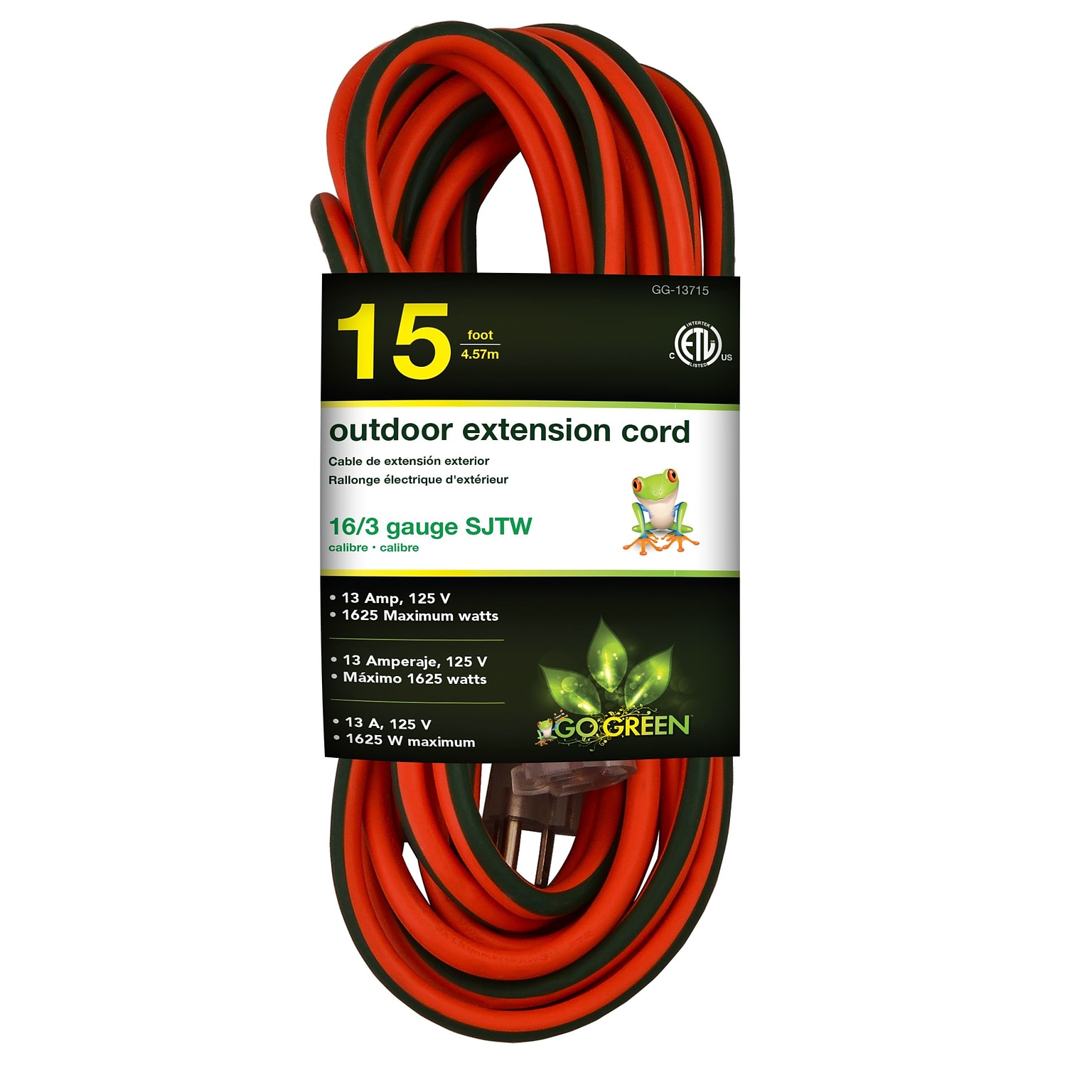 GoGreen Power 16/3 15 Heavy Duty Extension Cord - Lighted End, Orange - GG-13715