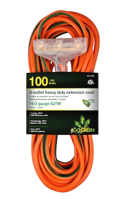 GoGreen Power 100' Indoor/Outdoor Extension Cord, 3-Outlet, 14 AWG, Orange (GG-15100)