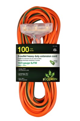 GoGreen Power 100 Indoor/Outdoor Extension Cord, 3-Outlet, 14 AWG, Orange (GG-15100)