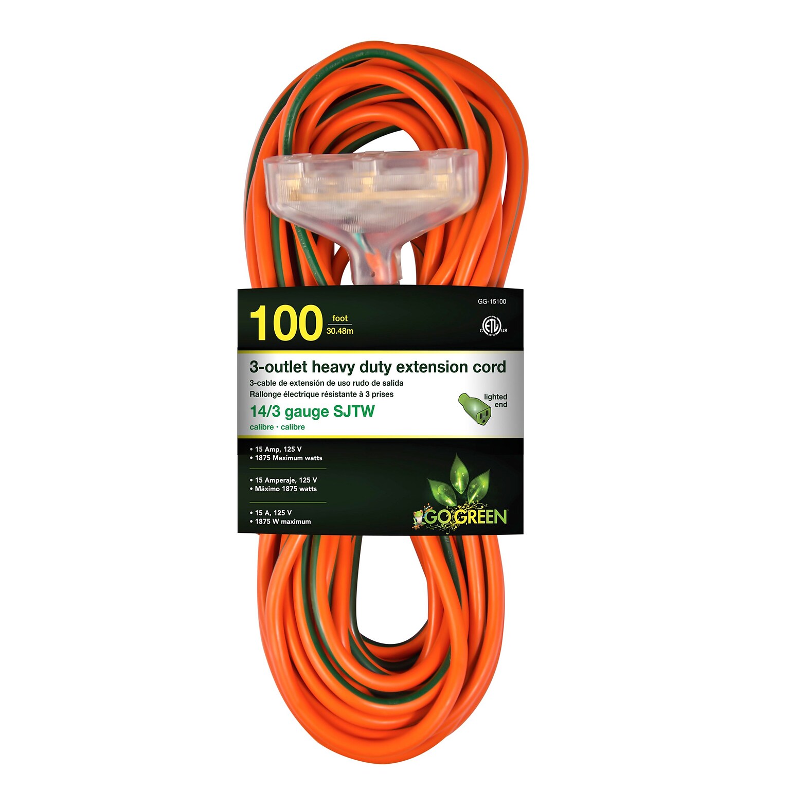 GoGreen Power 14/3 100 3-Outlet Heavy Duty Extension Cord, Lighted End - Orange, GG-15100