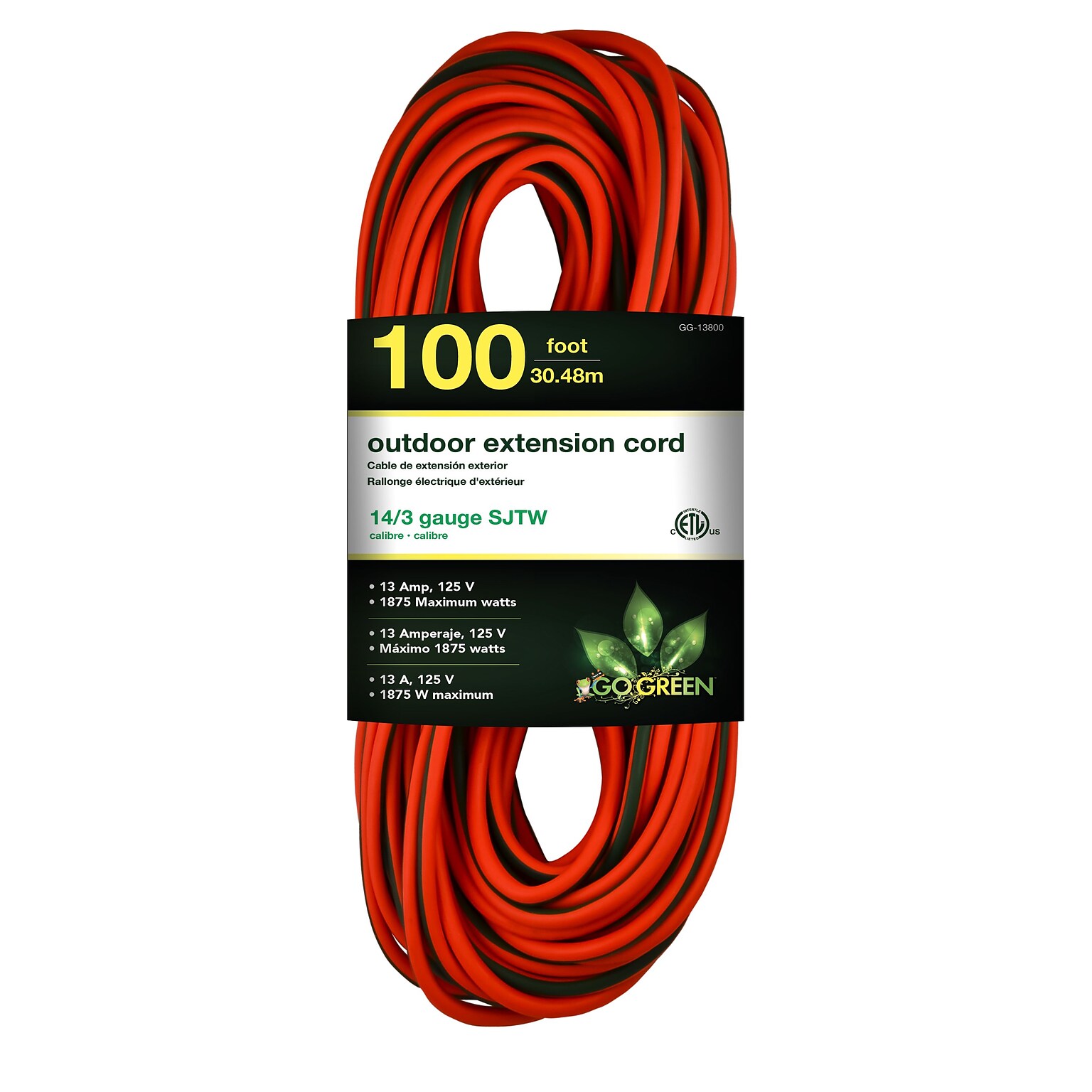 GoGreen Power 14/3 100 Heavy Duty Extension Cord - Lighted End, Orange - GG-13800