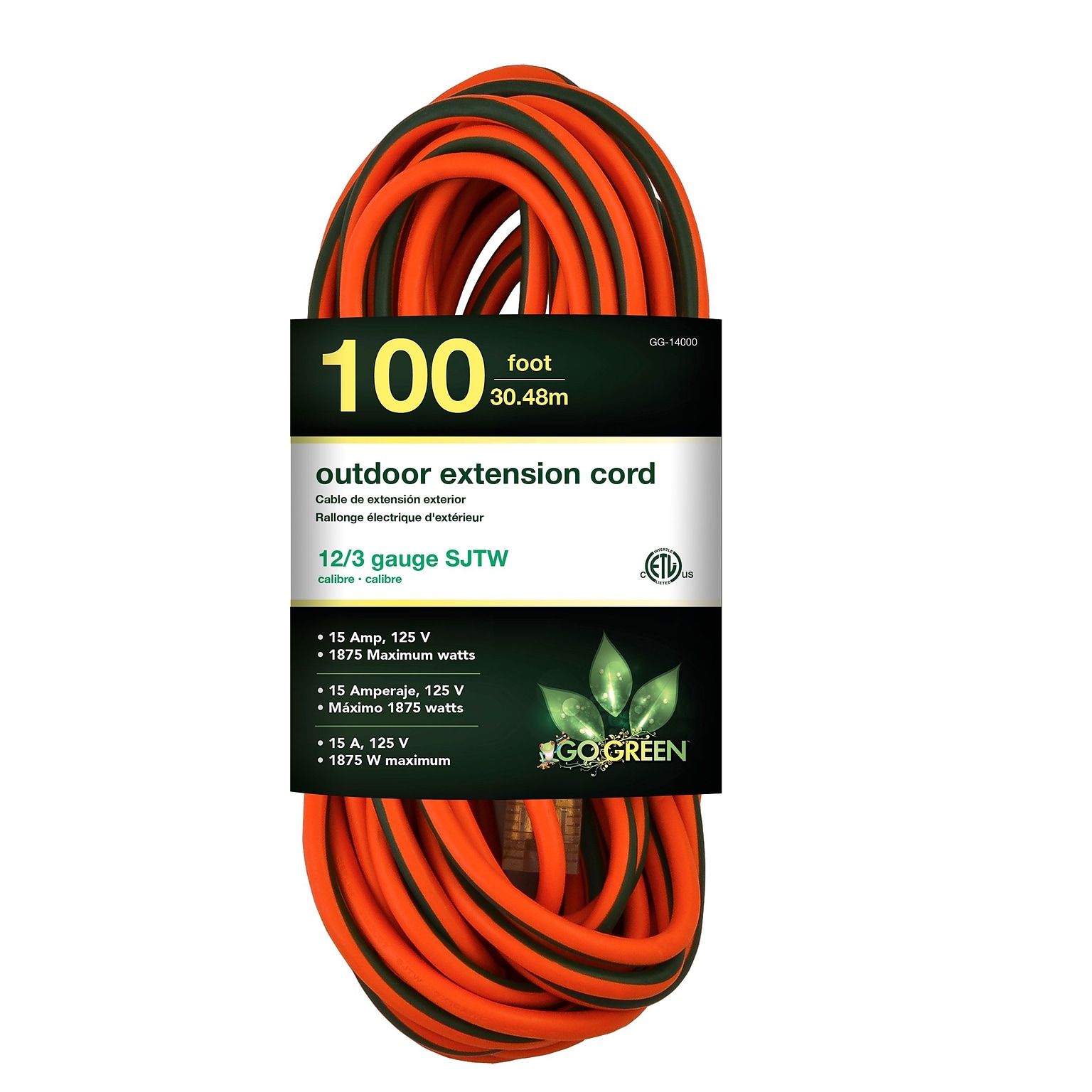 GoGreen Power 100 Indoor/Outdoor Extension Cord, 12 AWG, Orange (GG-14000)