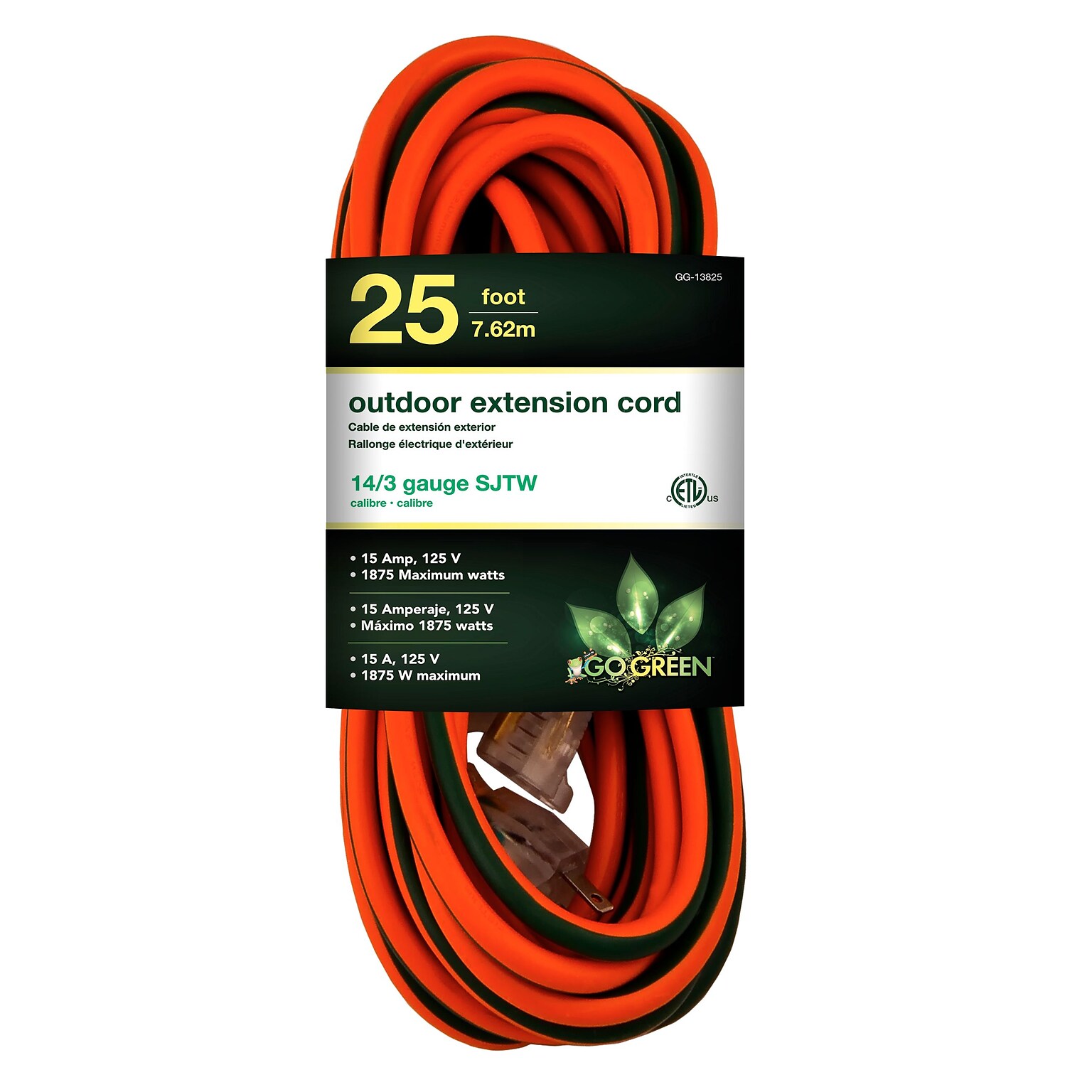 GoGreen Power 25 Indoor/Outdoor Extension Cord, 14 AWG, Orange (GG-13825)