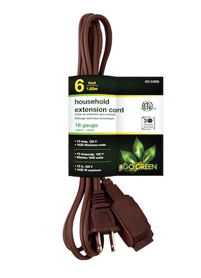 GoGreen Power 6 Extension Cord, 3-Outlet, 16 AWG, Brown (GG-24806-10)