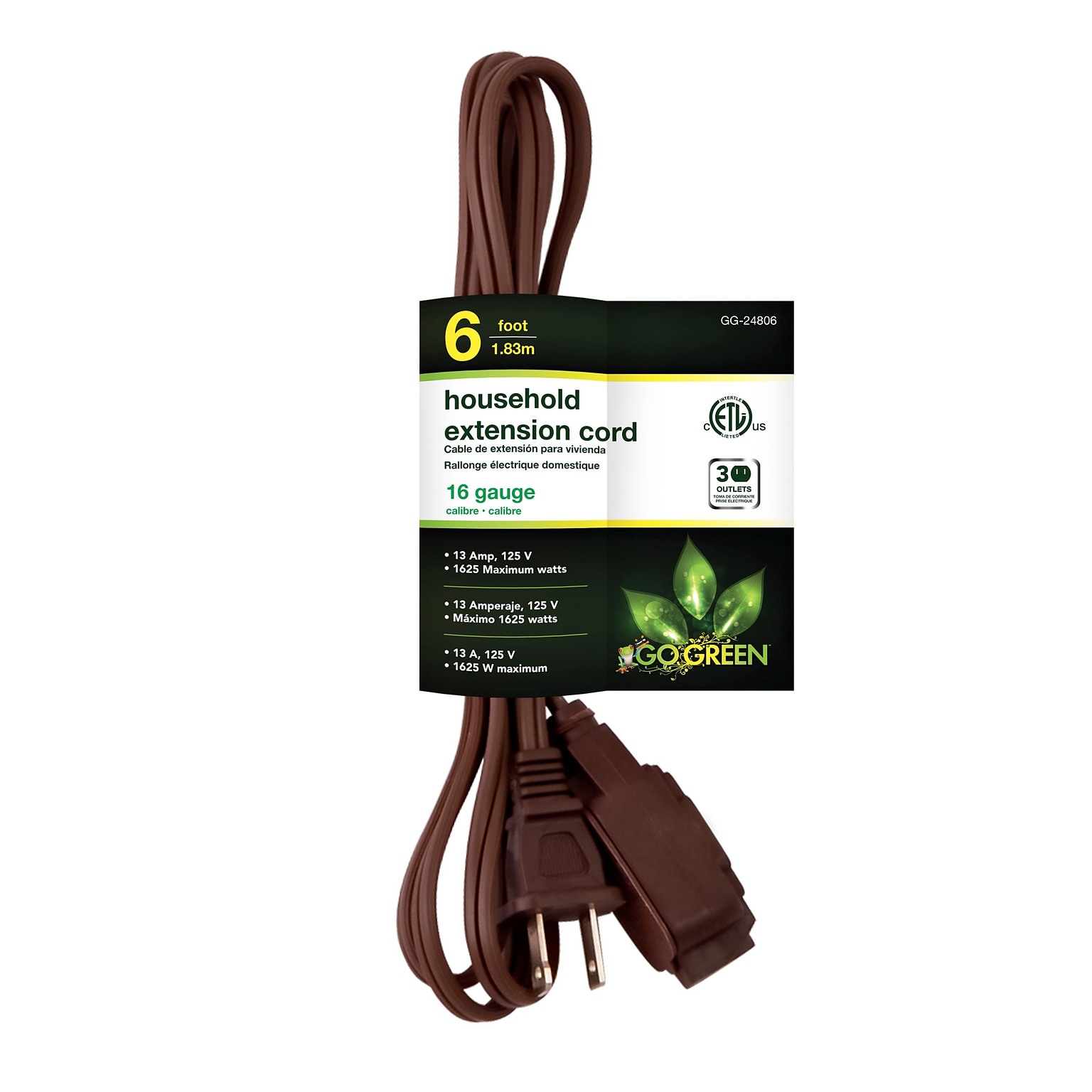 GoGreen Power 6 Extension Cord, 3-Outlet, 16 AWG, Brown (GG-24806-10)