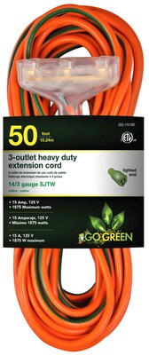 GoGreen Power 50 Indoor/Outdoor Extension Cord, 3-Outlet, 14 AWG, Orange (GG-15150)