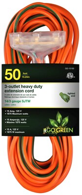 GoGreen Power 50' Indoor/Outdoor Extension Cord, 3-Outlet, 14 AWG, Orange (GG-15150)