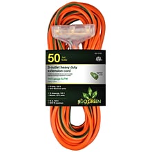 GoGreen Power 14/3 50 3-Outlet Heavy Duty Extension Cord, Lighted End - Orange, GG-15150