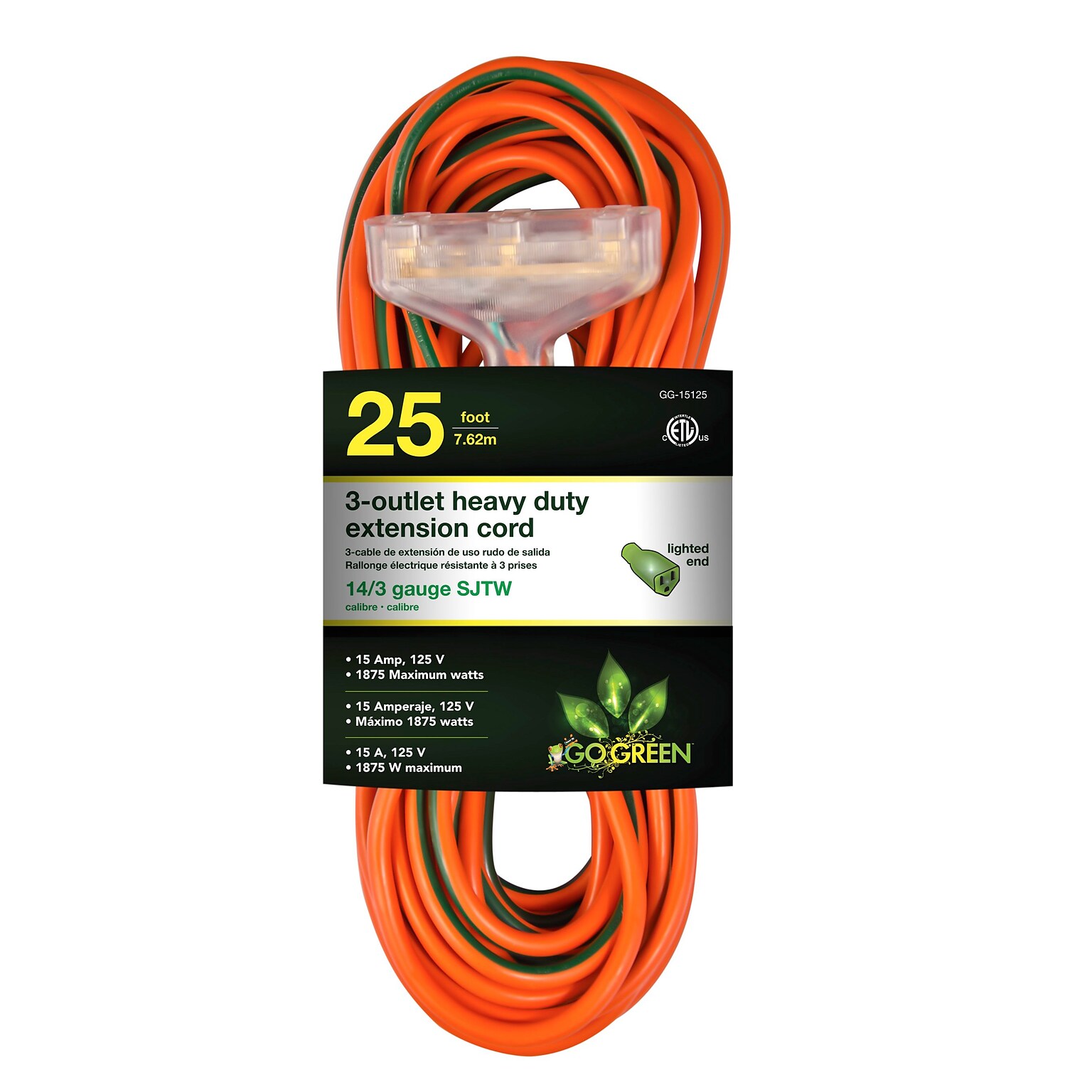 GoGreen Power 25 Indoor/Outdoor Extension Cord, 3-Outlet, 14 AWG, Orange (GG-15125)