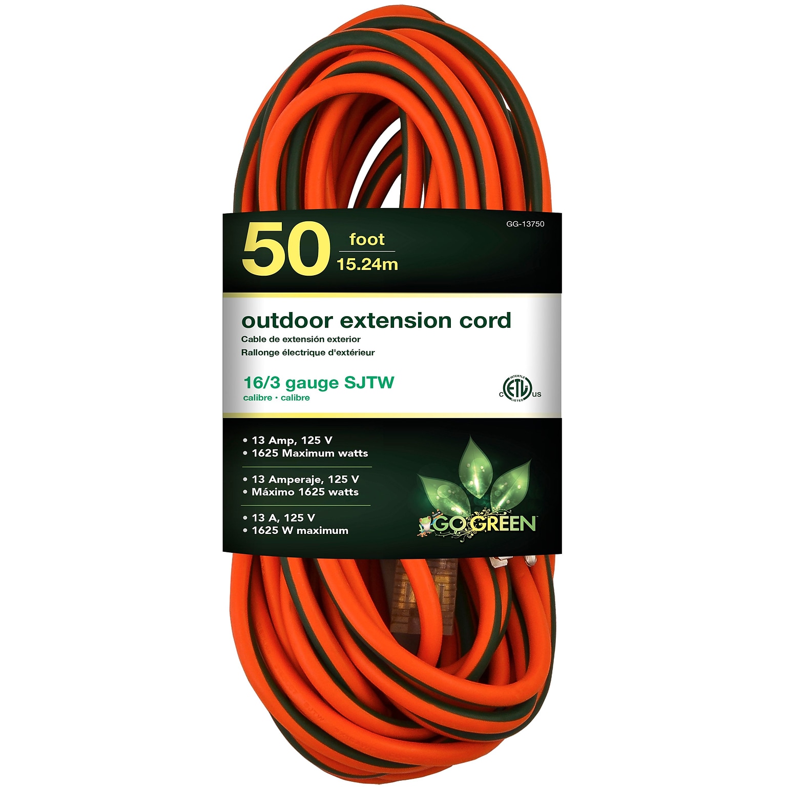 GoGreen Power 50 Indoor/Outdoor Extension Cord, 16 AWG, Orange (GG-13750)