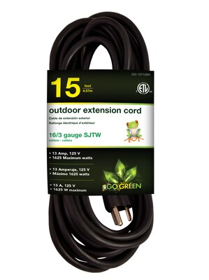 Go Green Power 15 Indoor/Outdoor Extension Cord, 16 AWG, Black (GG-13715BK)